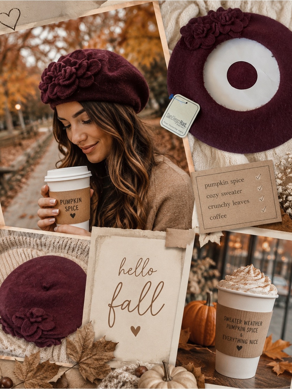 San Diego Hat Company Burgundy Floral Wool Beret
